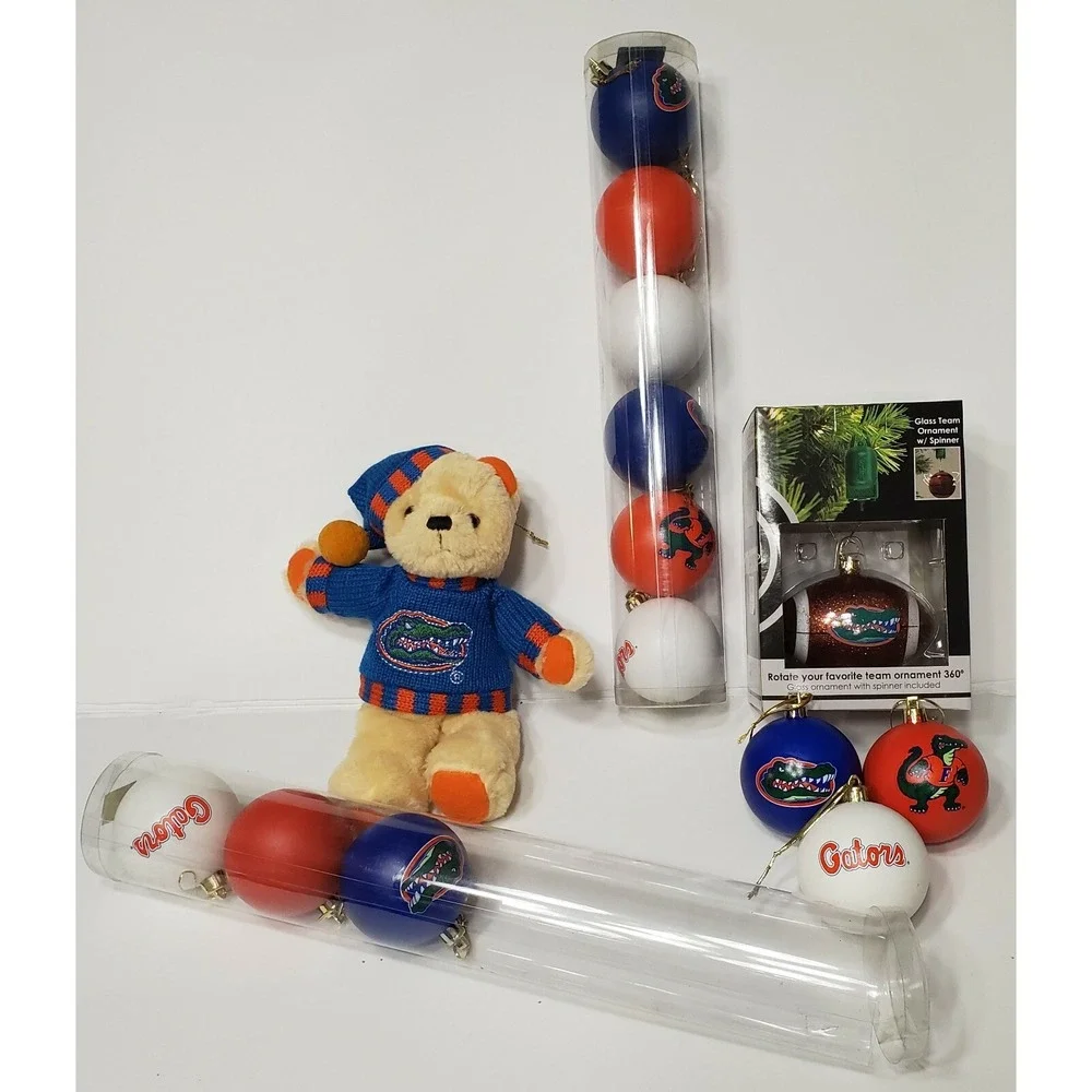 Florida Gators Football LOT: Plush Teddy Bear, Glass Ornament w/ Spinner, +